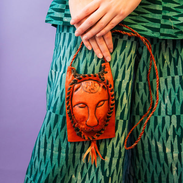 Hand Woven Leather Lion Face Pouch in Sable Brown