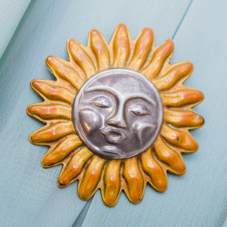 Vintage Sterling Silver & Brass Sun Face Pin/Pendant