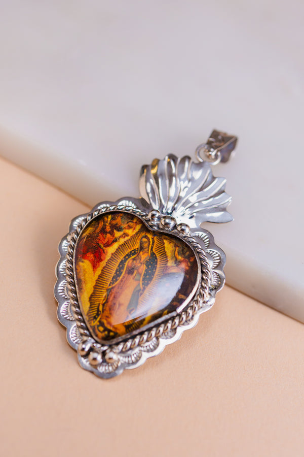Alpaca Silver Sacred Heart Virgin Guadalupe Pendant