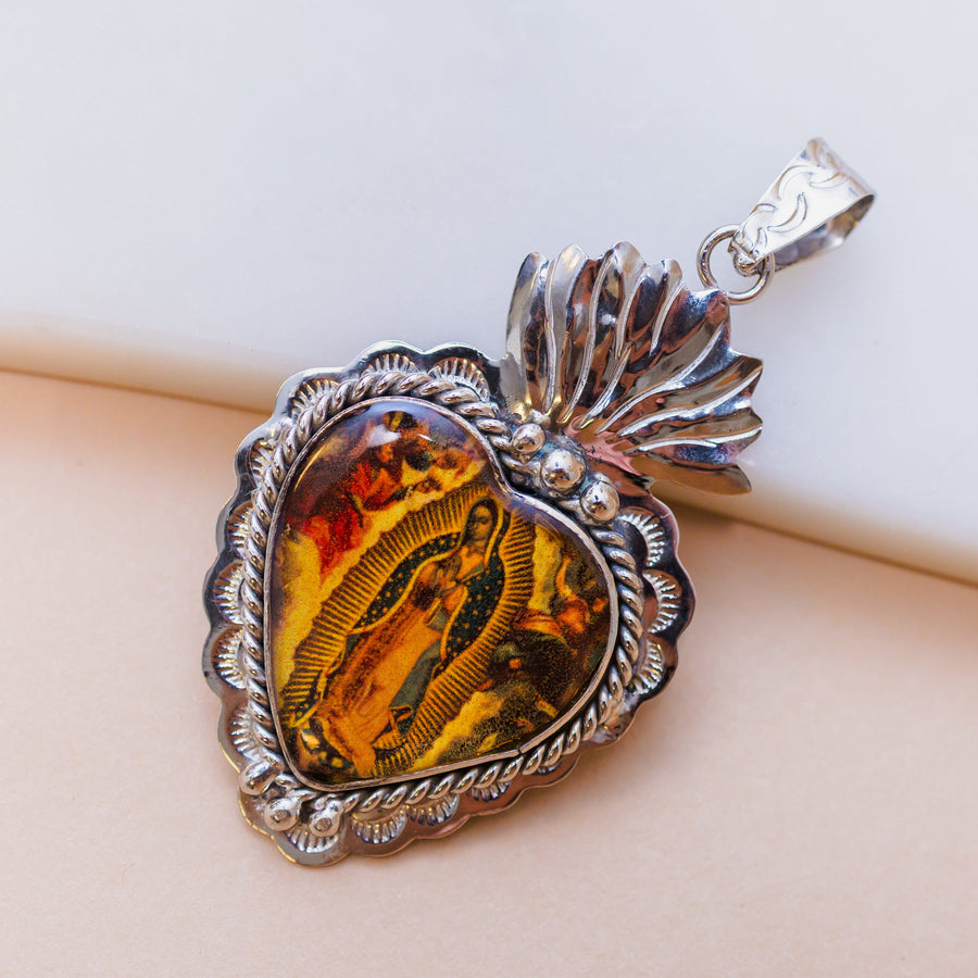 Alpaca Silver Sacred Heart Virgin Guadalupe Pendant