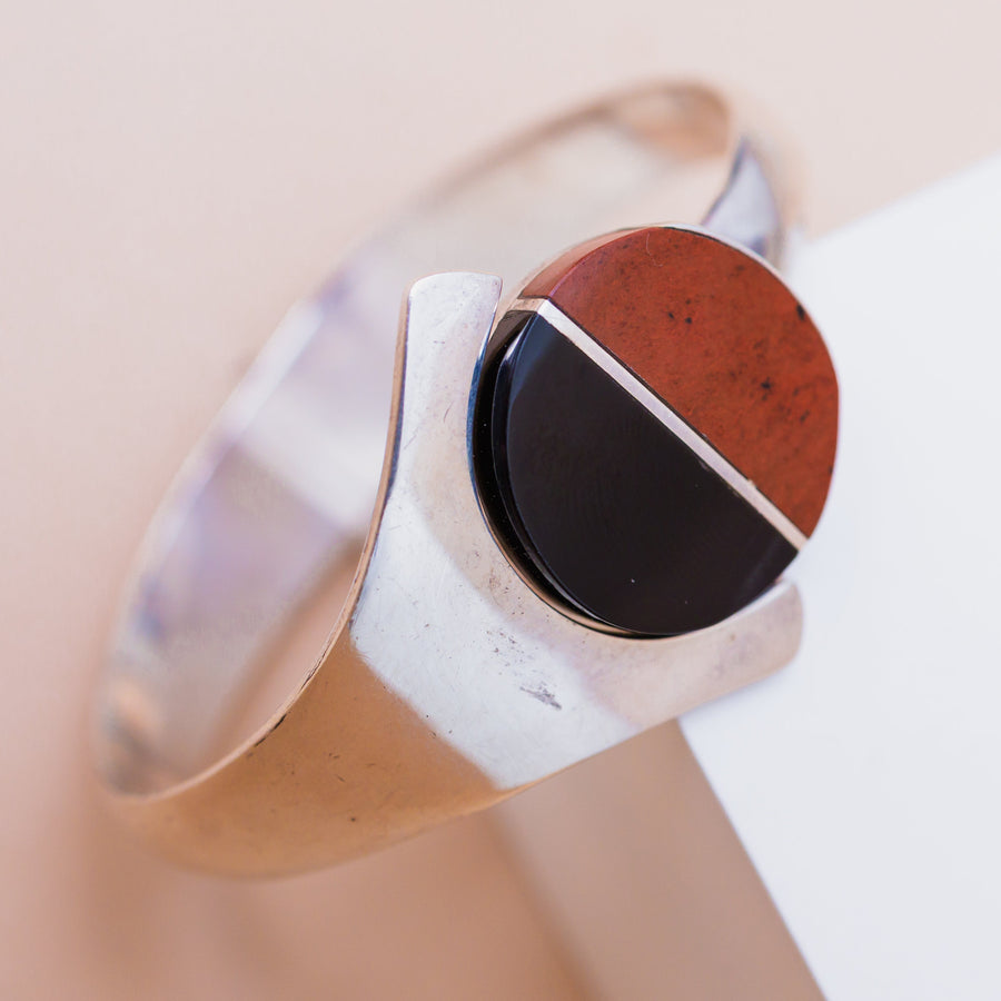 Vintage Sterling Silver Red & Black Onyx Clamper Bracelet