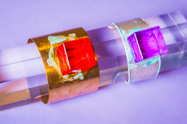 Larry Bell Inspired Deep Purple Cube Silver Cuff Bracelet