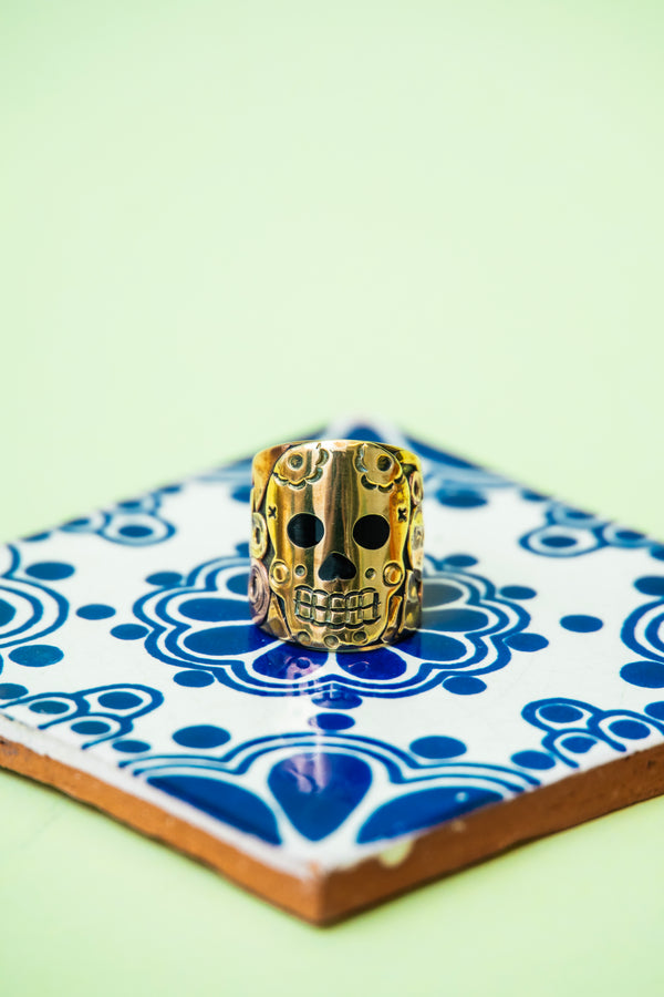 Large Copper/Brass with Black Enamel Adjustable Skull Ring