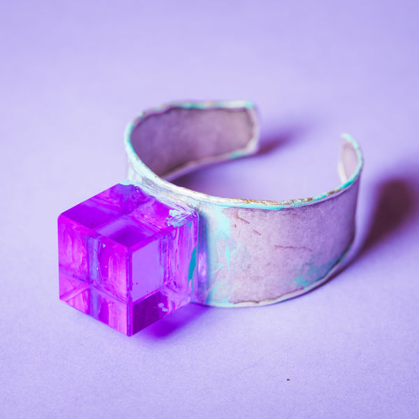 Larry Bell Inspired Deep Purple Cube Silver Cuff Bracelet
