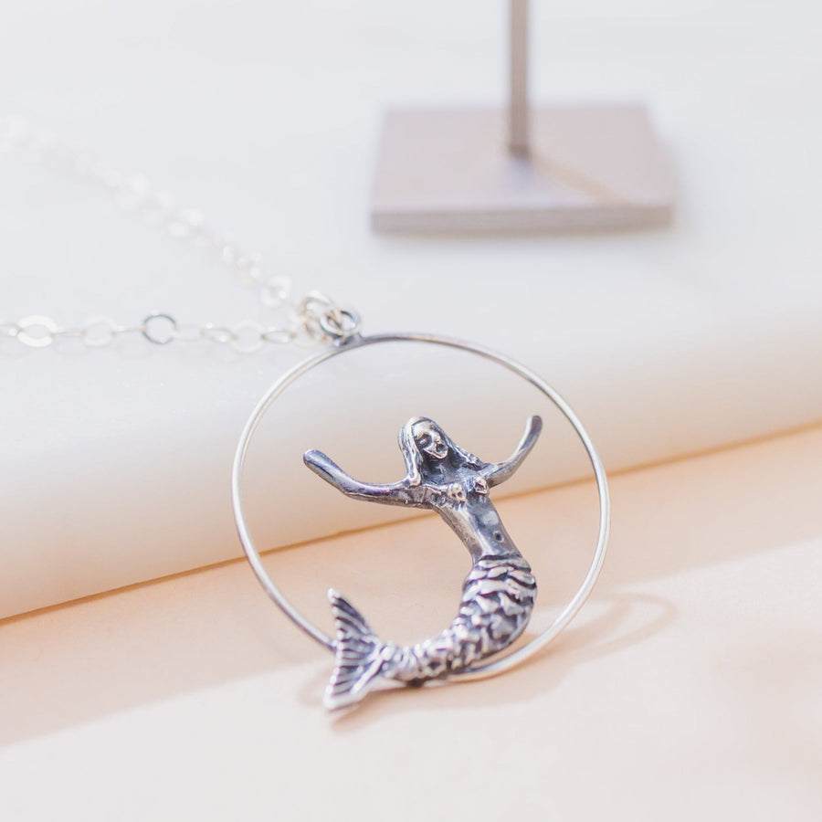 Sterling Silver Mermaid on Hoop Pendant Necklace