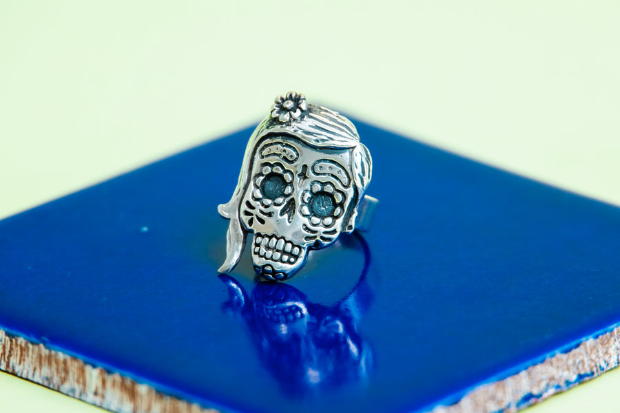 Sterling Silver She Sugar Skull Adjustable Ring