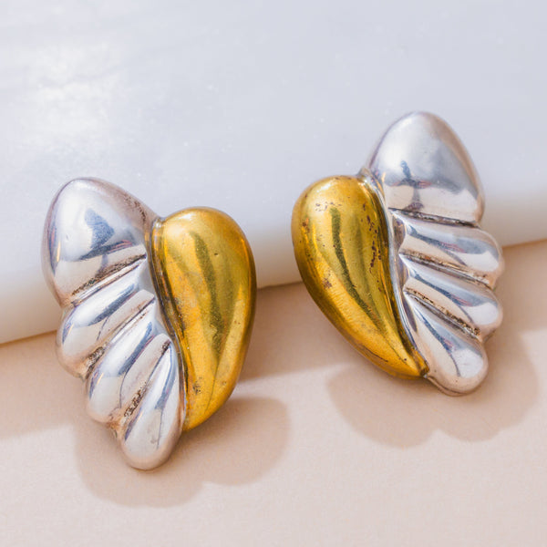 Vintage Sterling Silver & Brass Repoussé Leaf Clip-on Earrings