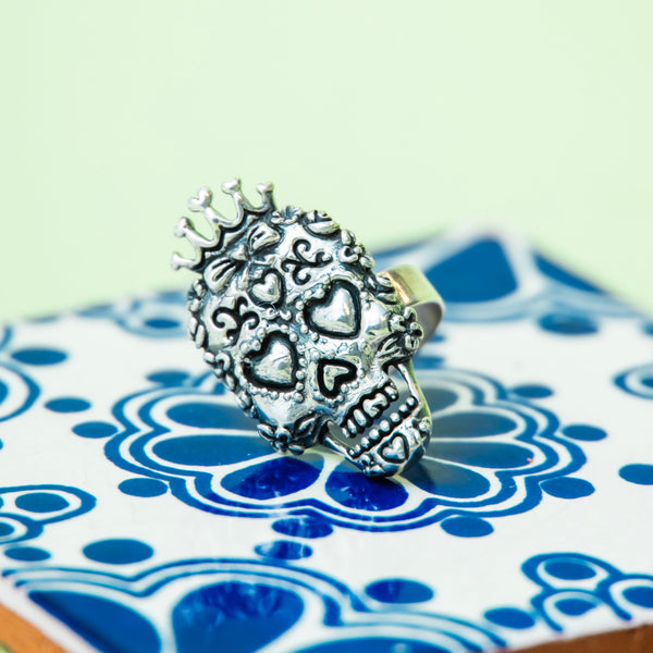 Sterling Skull w/ Crown Adjustable Ring