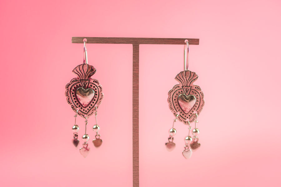 Sterling Silver Sacred Heart with Tiny Dangling Hearts Earrings