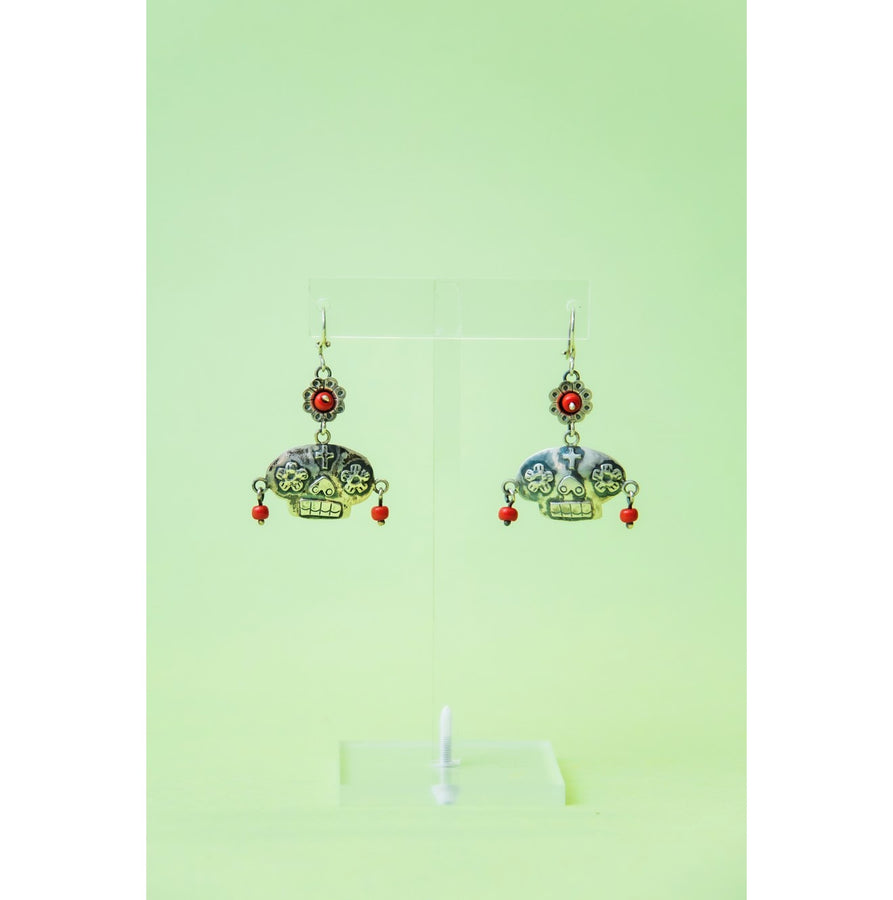 Sterling Silver Sugar Skull Coral Dangle Earrings