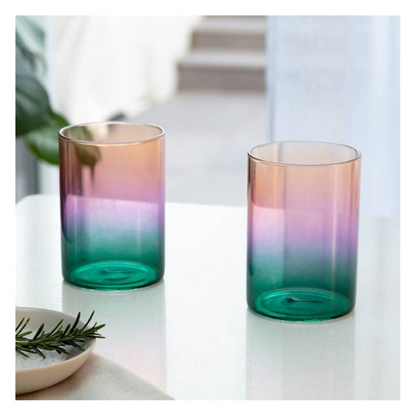 Set of Two Teal Lilac and Amber Drinking Glasses
