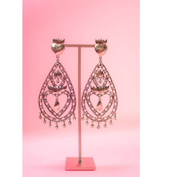 Large Sterling Silver Filigree Tear Drop Three Sacred Hearts Earrings