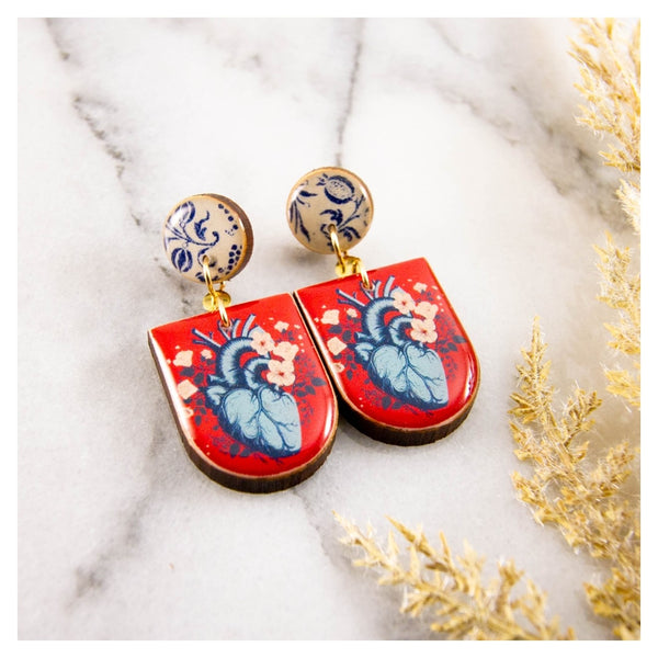 Vintage Anatomical Heart Floral Drop Post Earrings