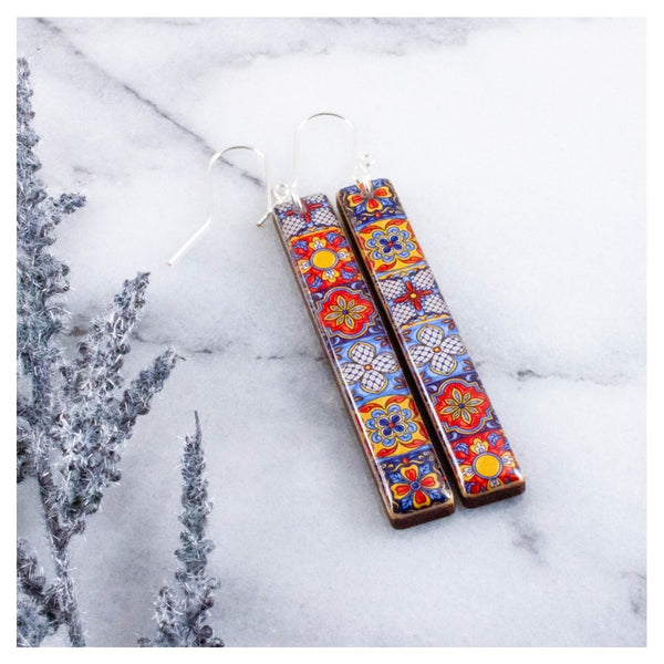 Vintage Mexican Talavera Tile Bar Earrings