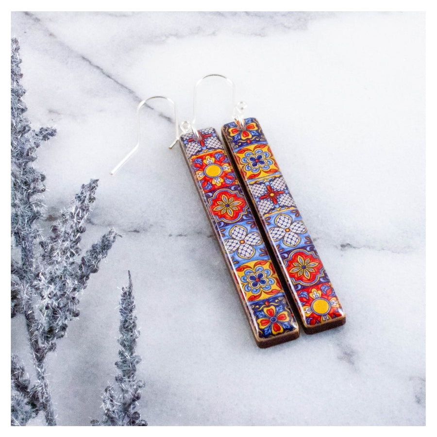 Vintage Mexican Talavera Tile Bar Earrings