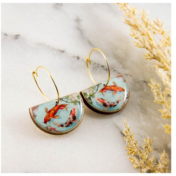 Watercolor Koi Fish Drop Hoop Earrings