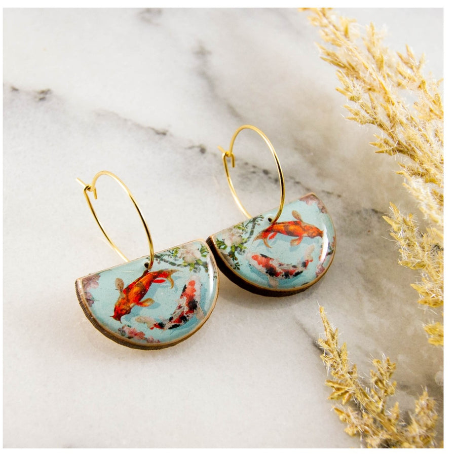 Watercolor Koi Fish Drop Hoop Earrings