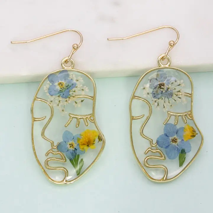 Blue Dried Flower Face Earrings