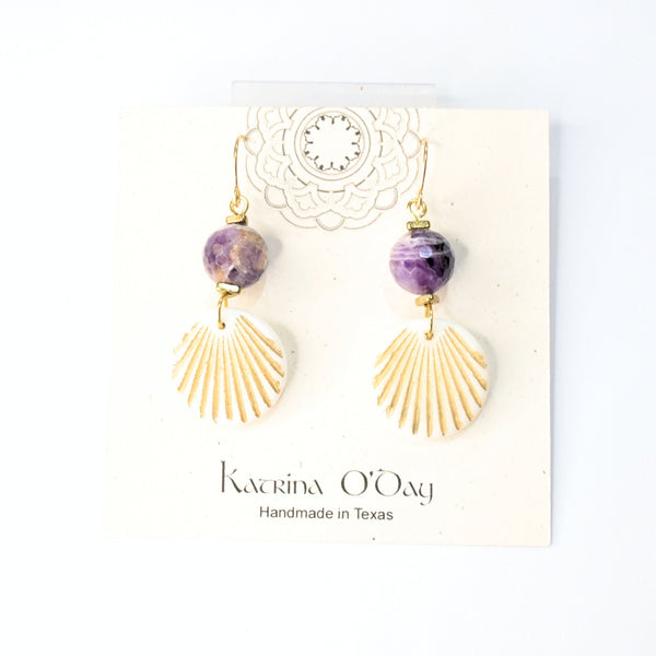 Amethyst Beads with Shells Earrings