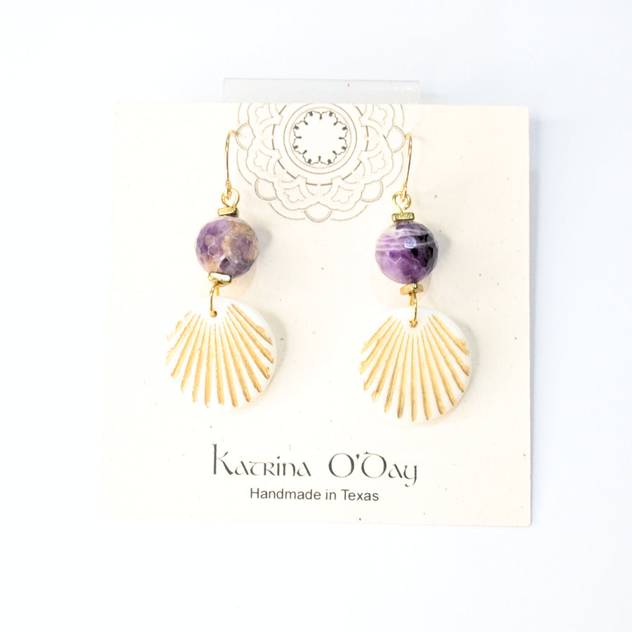 Amethyst Beads with Shells Earrings