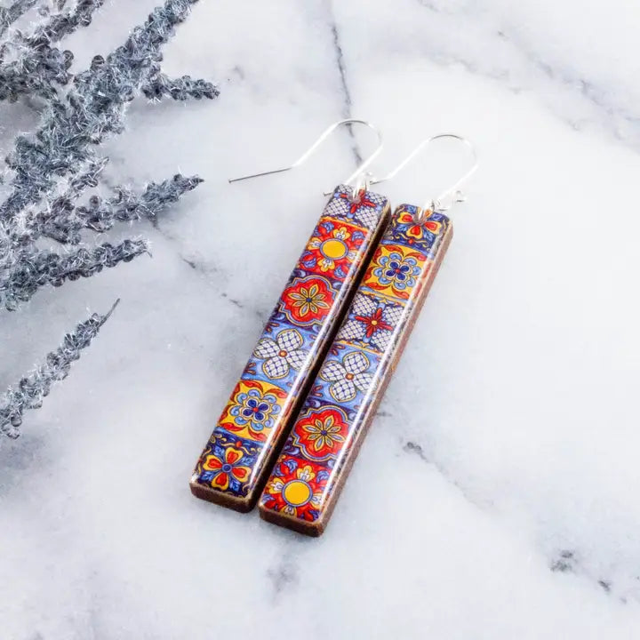Vintage Mexican Talavera Tile Bar Earrings