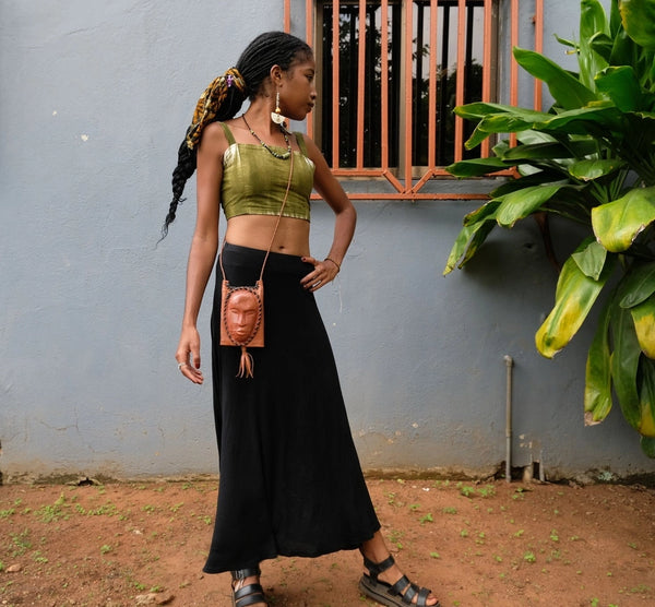 Hand Woven Leather Lion Face Pouch in Sable Brown