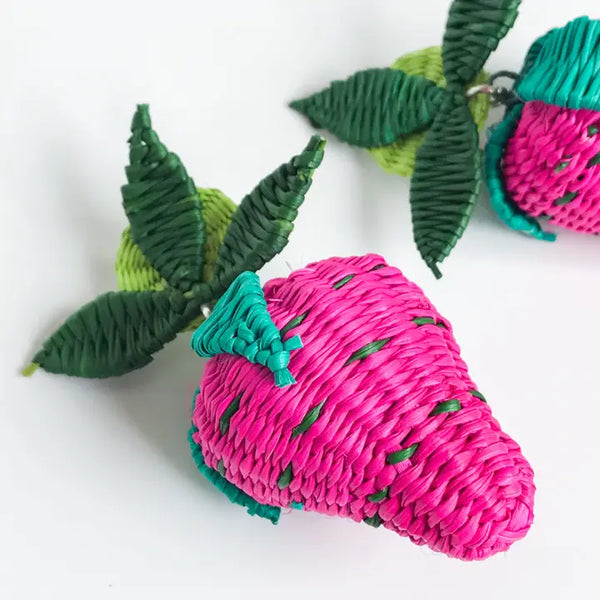 Large Strawberry Iraca Woven Earrings