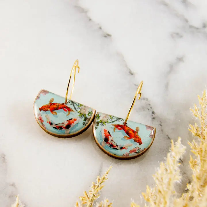 Watercolor Koi Fish Drop Hoop Earrings