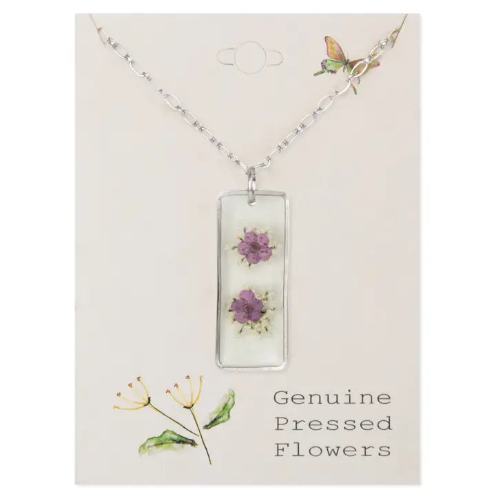 Purple Silver Bar Dried Flower Necklace