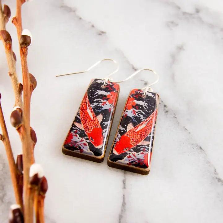 Japanese Black & Red Koi Fish Tapered Rectangle Earrings