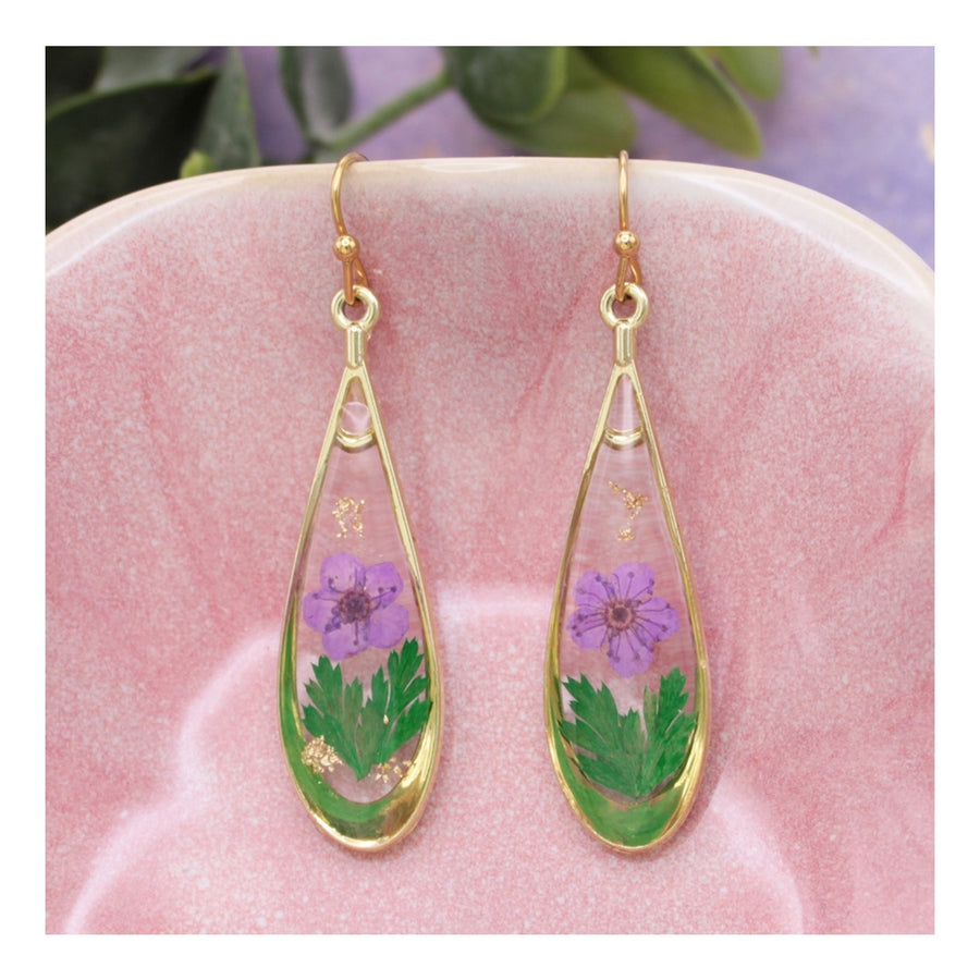 Dried Purple Flower Teardrop Earrings