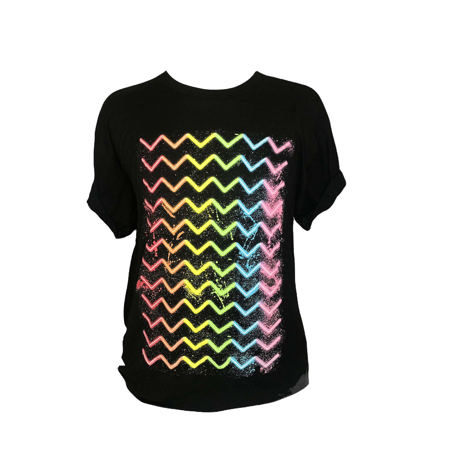 Black shirt with repeating horizontal lines that change colors
