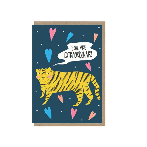 blue card with drawing of tiger and encourging saying