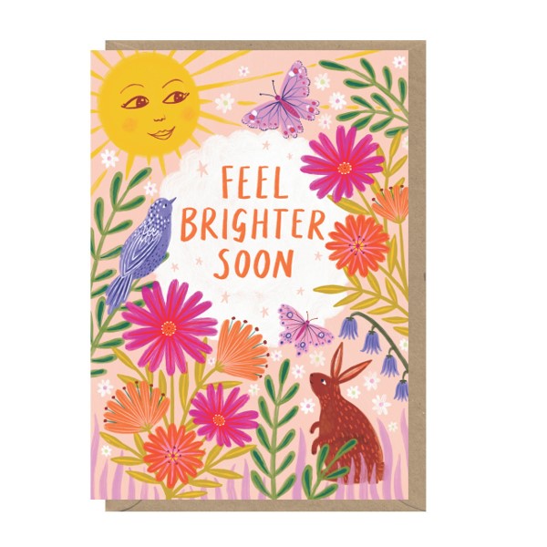 card with flowers, bird, rabbit, and smiling sun