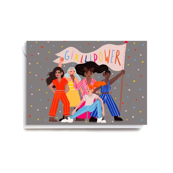 Women posing with girl power flag greeting card