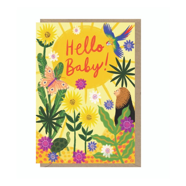New born congratulations with yellow background, flowers and various animals 