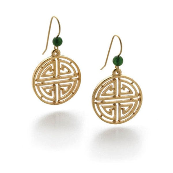 Gold shou symbol with jade bead earrings