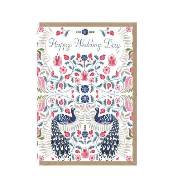 Wedding card with mosaic design of flowers and peacocks