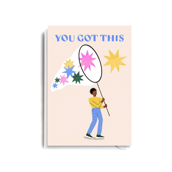 Man with large net catching stars card